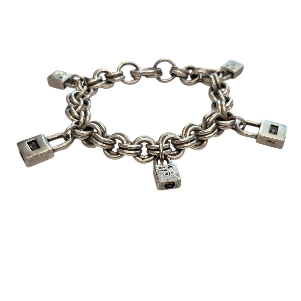 Vass Ludacer Bracelet Sterling Silver 8.75in Silver Heavy Lock Charm Double Link